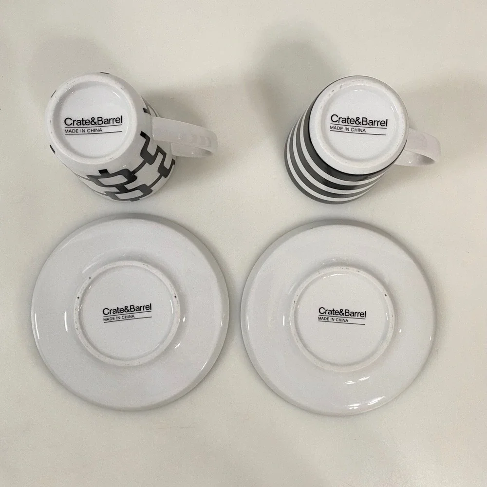 Crate & Barrel Demitasse Espresso Cups Saucers White Black Geometric Porcelain